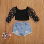 Conyson Fashion Children Clothes Sets Kids Baby Girls Mesh Sheer Puff Long Sleeve Blouse +Denim Shorts Jeans Outfits Tracksuit