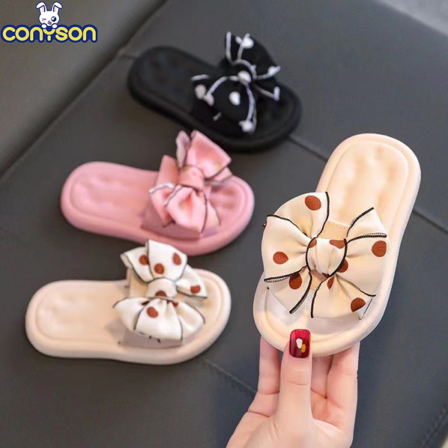 Conyson New Arrival Summer Non-Slip Bulk Slippers Beach Sandals Kids With Big Bow Knot Girl Outdoor Rubber Pvc  Girl Slipper