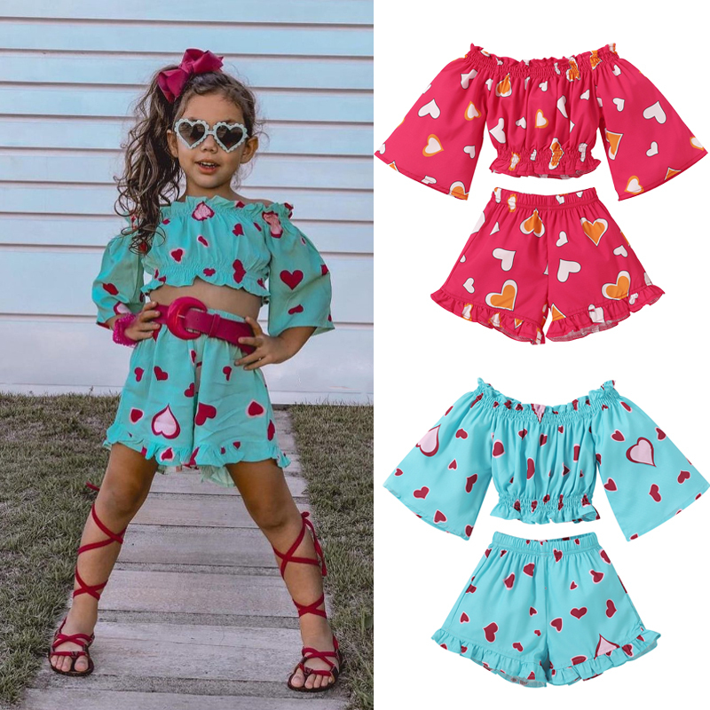 Conyson Summer Fashion Heart Print Shorts Clothes Suits Shoulder High Waist Top Shorts Flower 2pcs Littler Girl Outfits