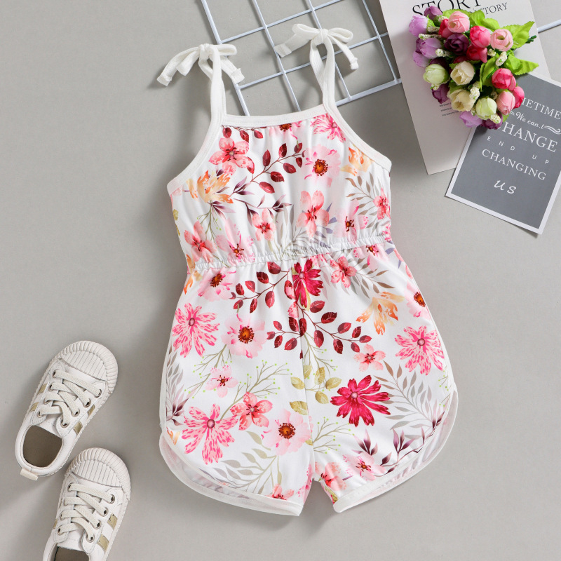 Conyson Wholesale Baby Girls Romper Flower Stripe Printed Sleeveless Tie-Up Shoulder Strap Sling Halter Jumpsuits Clothing Kids