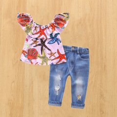 Conyson Wholesale Low Price Market 2023 Summer Girls' Suit Cartoon Sleeveless T-shirt Jeans Western New Ripped Pants Girl Set