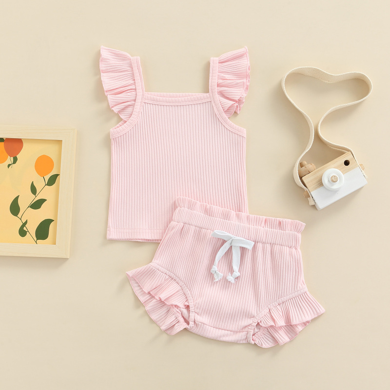 Conyson Hot Newborn Infant Baby Girl Two-Piece Solid Outfits, Solid Color Flying Sleeve Romper + Elastic Drawstring Short Pants