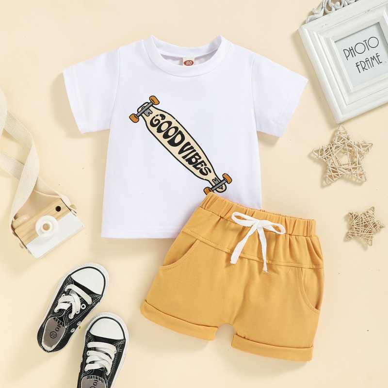 Conyson Summer Infant Baby Boys Clothes Sets Skateboard/ Letter Print Short Sleeve Tops+ Shorts Custom Kids Clothes Casual Suits
