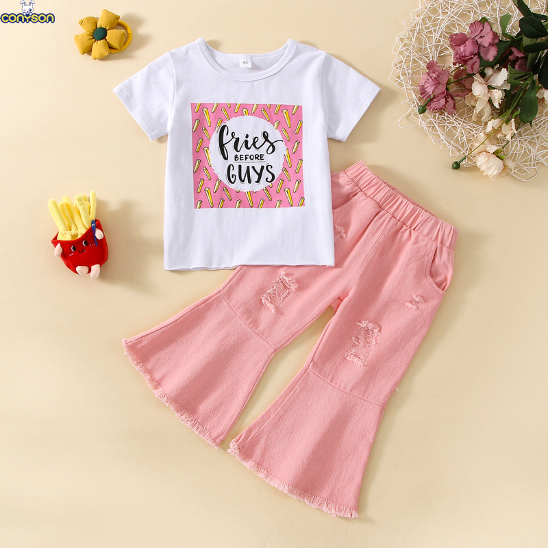 Conyson new arrive hot sale fashion Designer boutique short Sleeve children clothes Girl baby summer Kids wholesale Clothing Set