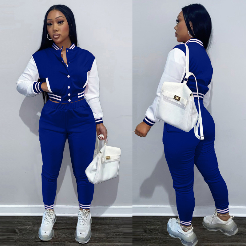 popular style fashion fall winter designer logo Customized women two pieces jacket suit button clothing adult Ribbed clothes set