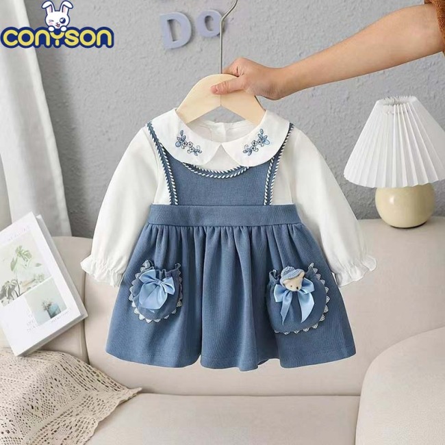 Conyson Wholesale Floral Cartoon Printing Kids Girls Casual Long Sleeve Spring Autumn Tutu Toddler Baby Girl Cotton Dress