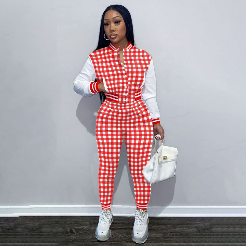 Western Style Amazon Hot Sale Autumn Sweatsuit Fashion Leisure Print Spliced Long-Sleeved Baseball Jacket 2 Pieces Women Suit