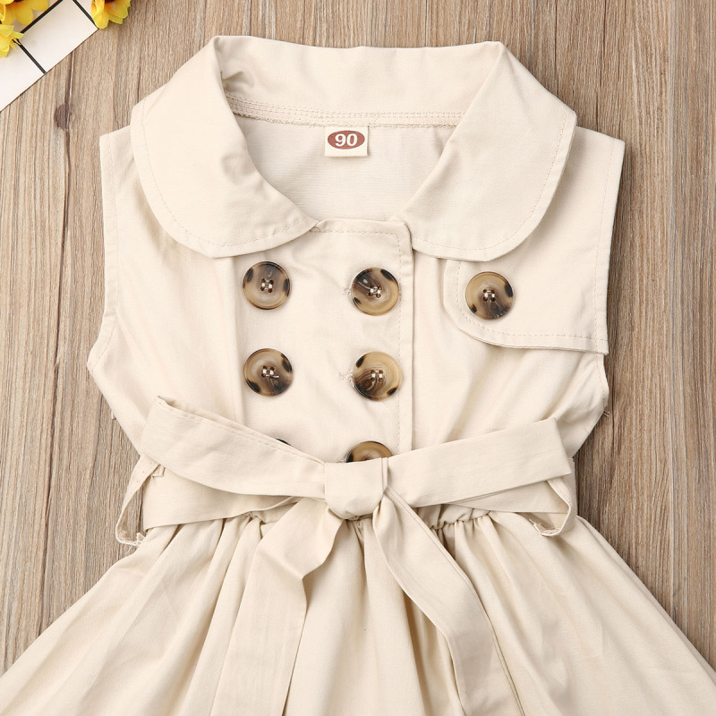 Toddler Baby Girls Retro Dress Sleeveless Double-Breasted Windbreaker Dress Party Pageant Belt Buckle Princess Dress 1-6Y