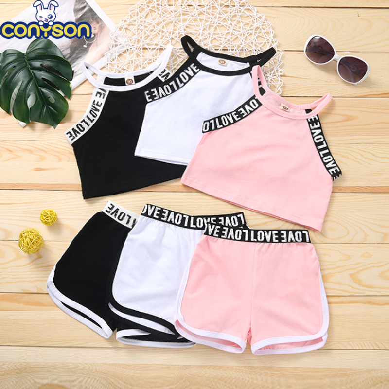 Conyson Wholesale Girl Clothes Set Summer outfit Letter Sleeveless Tank Top Shorts Outfits Fashion New Kids Girl Tracksuit Set