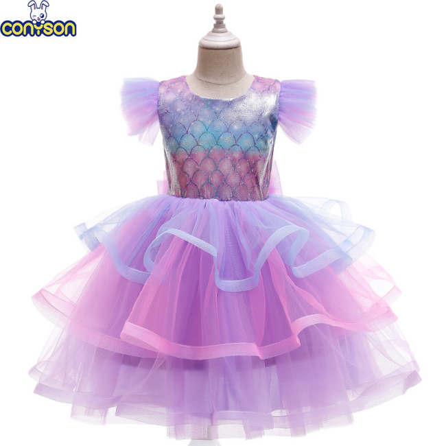 Conyson 2023 Luxury Curvy Kids Dress 3-8Y Print Color Matching Mermaid Lace Plaid Cute With Bow Tulle Skirt Princess Dresses