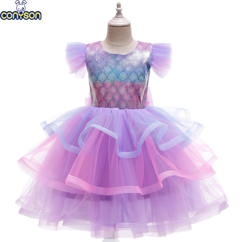 Conyson 2023 Luxury Curvy Kids Dress 3-8Y Print Color Matching Mermaid Lace Plaid Cute With Bow Tulle Skirt Princess Dresses