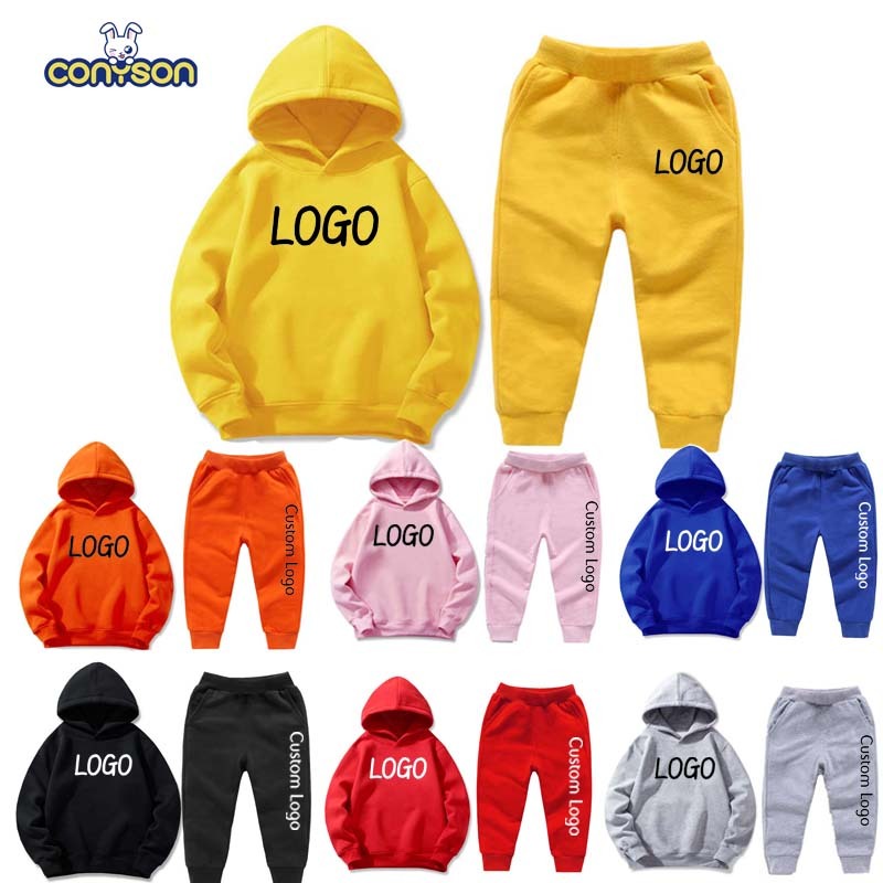 Conyson Cotton Children Unisex Solid Color 2pcs Set Custom Logo Wholesale Girl Hoodies Tracksuit Kids Boy Clothing 2 Piece Set