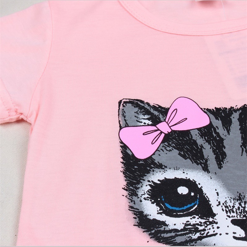 Hot Sale Summer Kids Girl Dress Cat Print Grey Pink Children Best Selling Fashion Summer Clothing Short Sleeve Cat Printed Dress