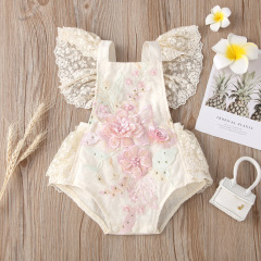Conyson Wholesale Latest Design Summer Fluffy Lace Embroidery Boutique Flowers Girls Jumpsuit newborn Baby Rompers