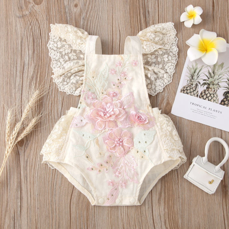 Conyson Wholesale Latest Design Summer Fluffy Lace Embroidery Boutique Flowers Girls Jumpsuit newborn Baby Rompers