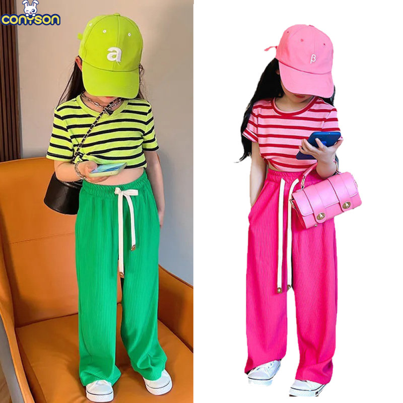 Conyson Summer Western Style Striped Short Sleeve Pink 5-10 Years Anti-mosquito Girls 2 Piece Short Set For Kids Clothing Set