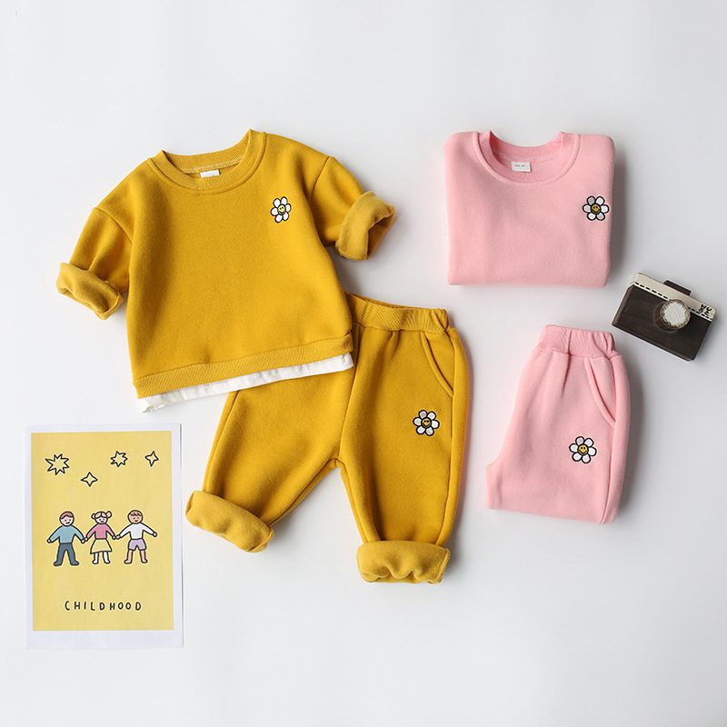 Conyson Designer Flower Print Long Sleeve Pullover Long Pant Solid Sportswear Children's Girls Clothes 2 Piece Outfit Suits