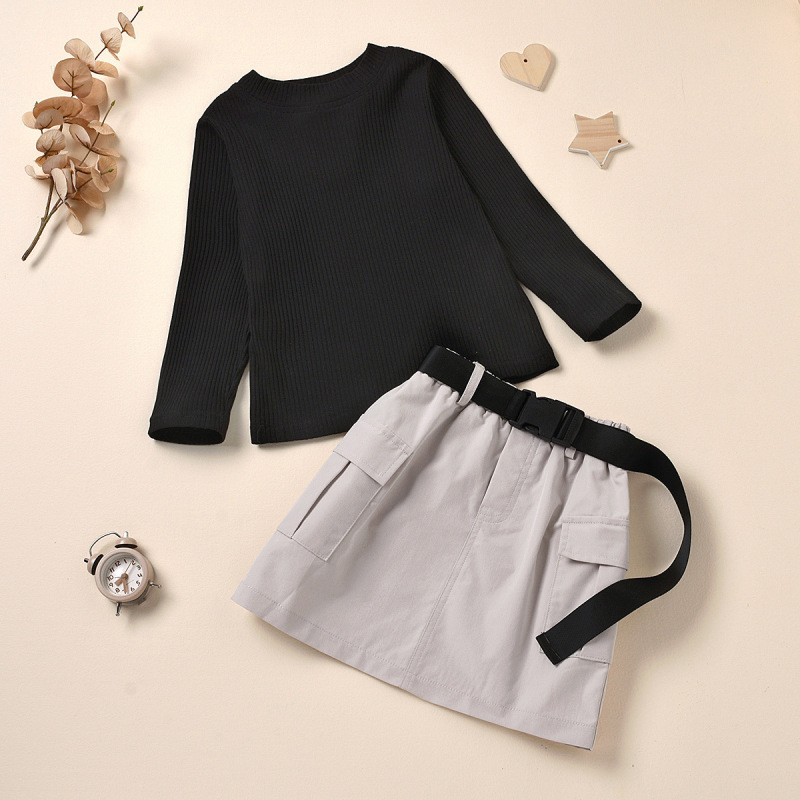 Wholesale Set 2021 autumn winter Girls pit stripe high collar Tops With pure color cargo belt short skirt children's suit