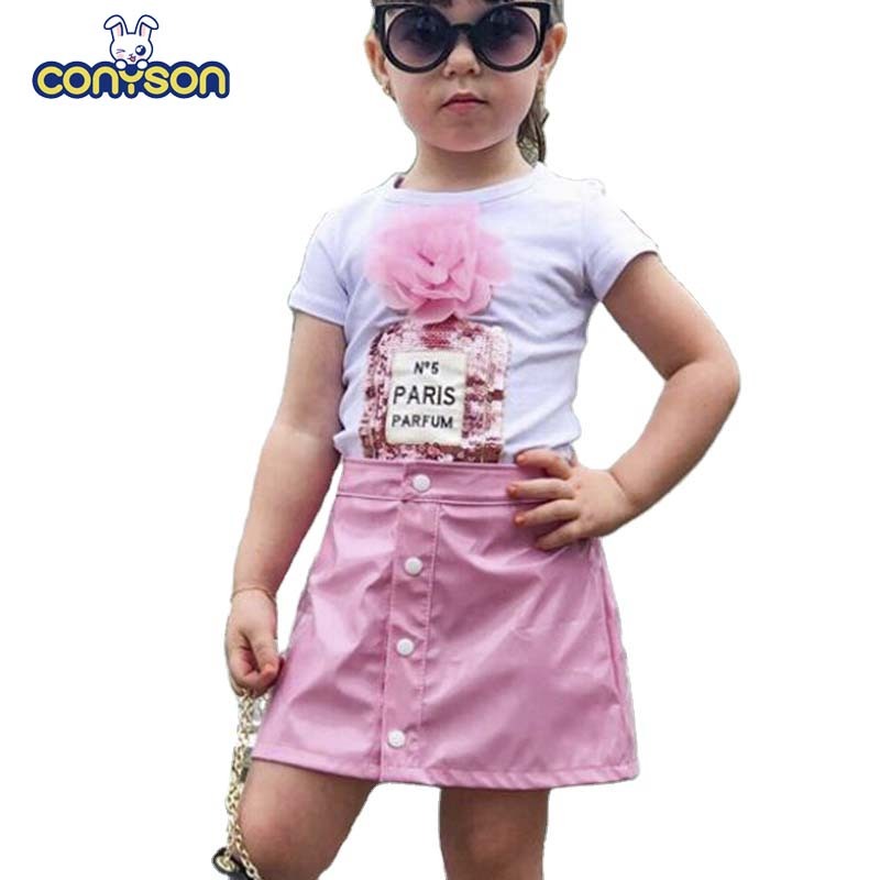 Casual Short Sleeve Soft Shell Toddler Kids Baby Girl Summer Clothes PU Skirt Outfits Set