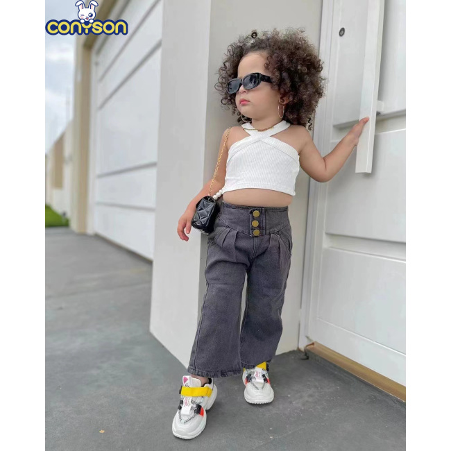 Conyson Newest Fashion Style Summer Cross Off-the-shoulder Halter-neck Tank Top And High Waist Jeans Kids Two Piece Cotton Set