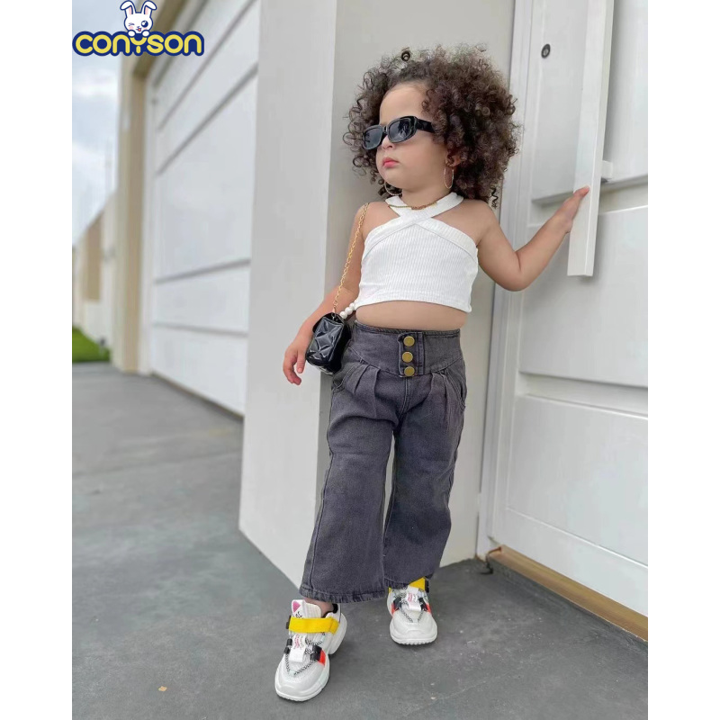 Conyson Newest Fashion Style Summer Cross Off-the-shoulder Halter-neck Tank Top And High Waist Jeans Kids Two Piece Cotton Set