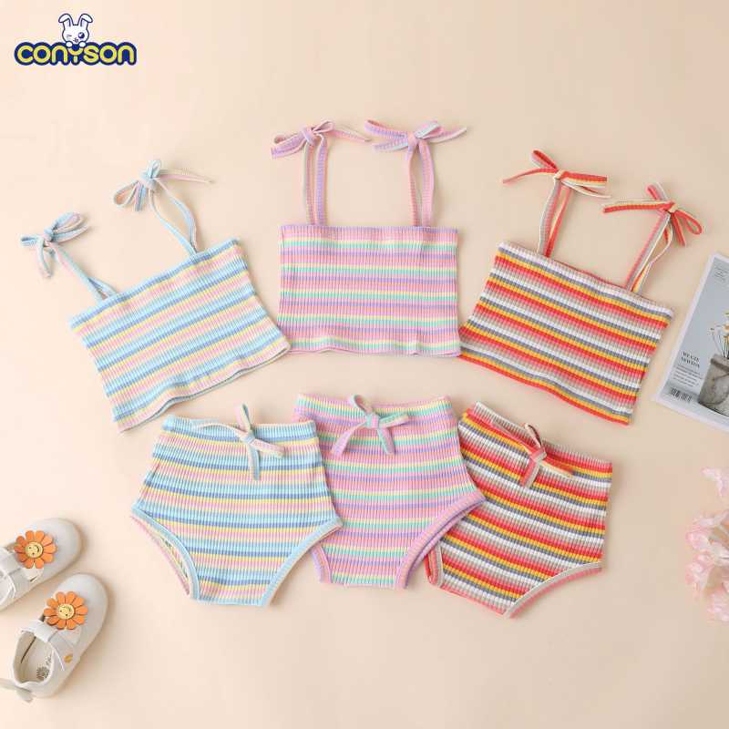 Conyson Hot Sale Ins Fashion Kids Clothes Outwear Summer New Rainbow Stripe Suspender +Shorts 2Pcs Baby Girls Clothing Set