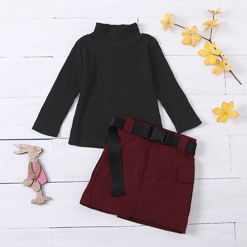 Wholesale Set 2021 autumn winter Girls pit stripe high collar Tops With pure color cargo belt short skirt children's suit