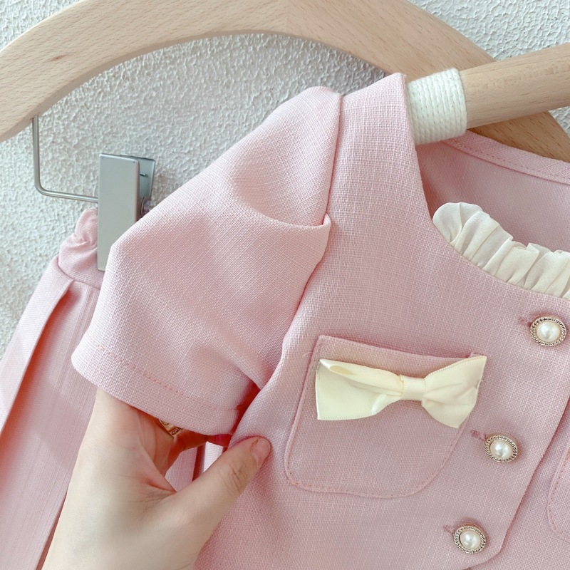 Conyson hot sale fashion summer Latest korean design Style pleated Skirt Set Toddler Girl Pink Kids bowknot 2 pieces clothes Set