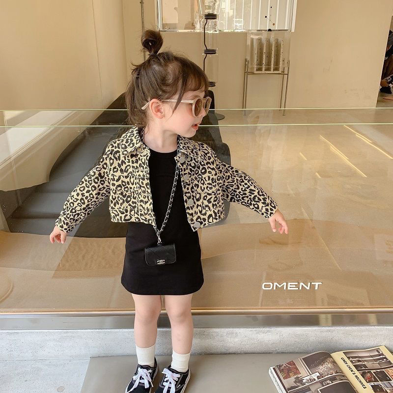 Beautiful Older Children Girls Autumn Long-sleeved Leopard Coat  Knitted Skirt Set