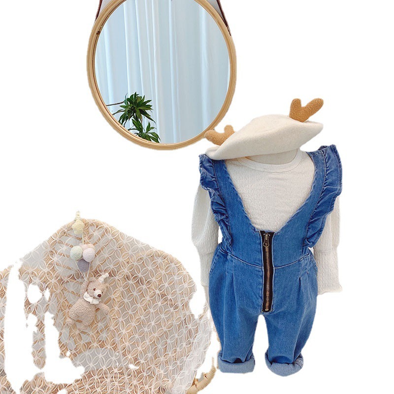 2021 New Cute Baby Girl Denim Jumper Jeans Stylish Toddler Girl One Piece Ruffle Zipper Jeans 1-6 Years