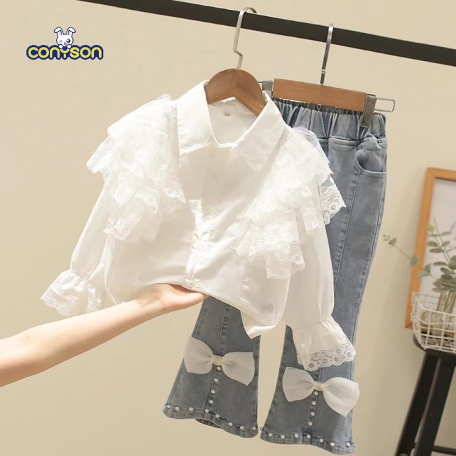 Conyson Wholesale Kids Clothes Fashion Kids Girls Clothes Sets 2pcs Solid Tops Hole Blue Denim Pants Casual Children Girl Outfit