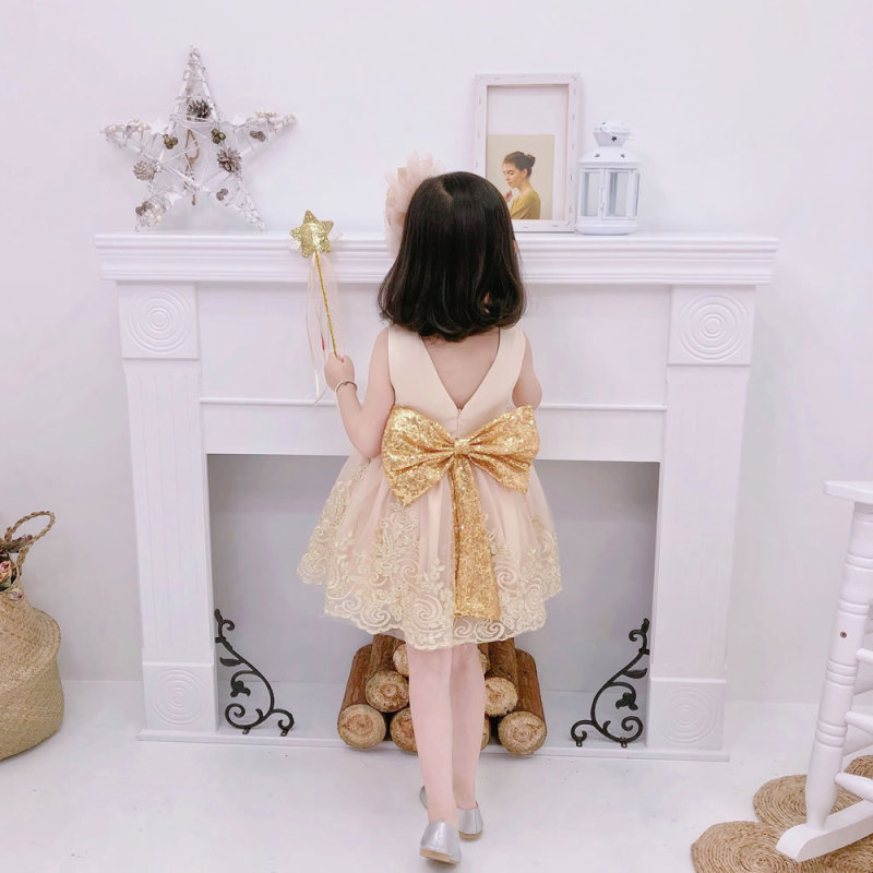 Spanish Kid Clothing Flowers Girls Princess Dress High Quality Girls Baby Sequin Big Bow Birthday Party Dress Design