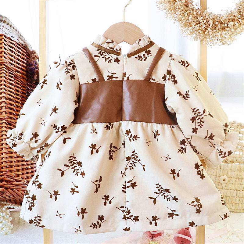 Autumn Winter Velvet Girl Skirts Vintage Floral Dress Leather Vest Spliced Ruffled Sleeve Rural Princess Dress