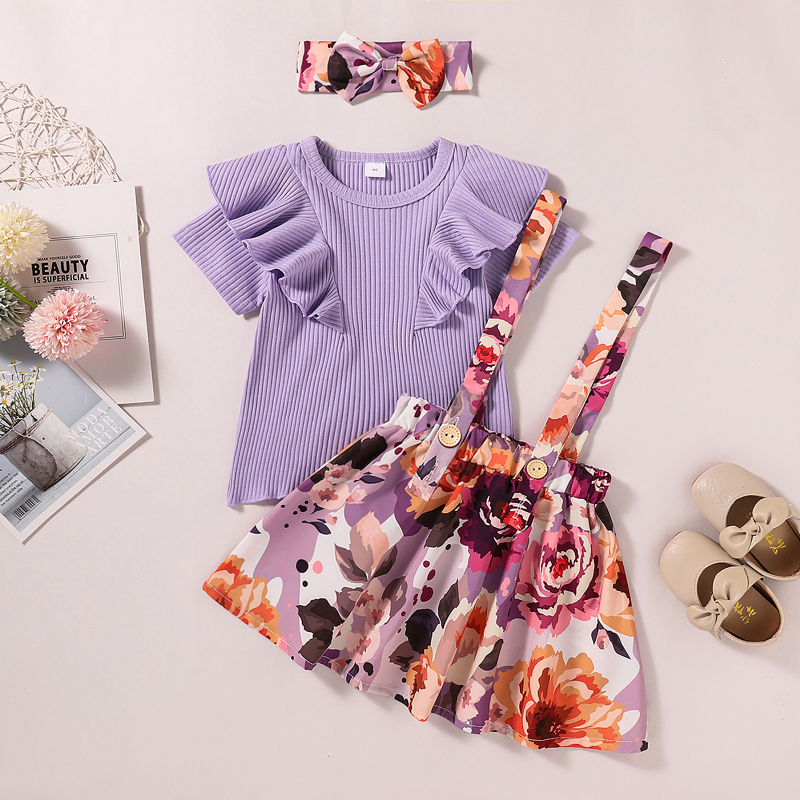 Conyson Wholesale Hot Fashion Summer Kids Girls Clothes Sets Ruffles Fly Sleeve Solid T Shirts+Floral Suspender Skirt Headband