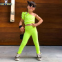 Conyson Wholesale Summer Short Sleeve Kids Clothes Causal Solid Baby Girl Cotton Sleeveless One shoulder Tops Pants Legging Sets