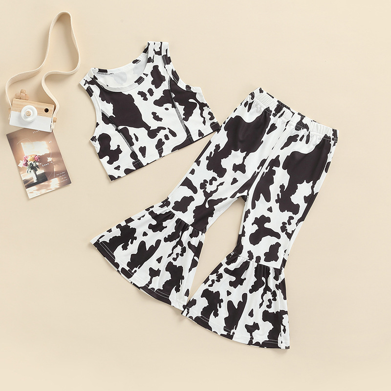 Conyson Kids Girl Clothes Set Vest Tops+ Leopard Print Sleeveless Bell-bottomed Flared Pants Outfits Kids Clothes Girl Outfits