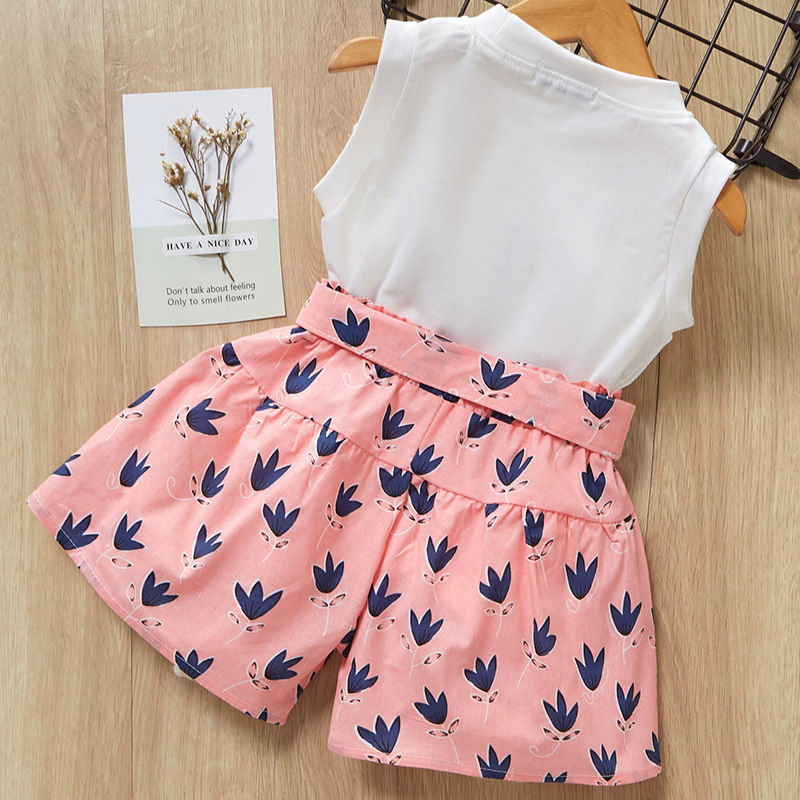 Casual Two Piece Outfit Summer Baby clothes Sets Girls Bowknot Sleeveless Cotton Kids T-shirt Printed Shorts Two-piece Set