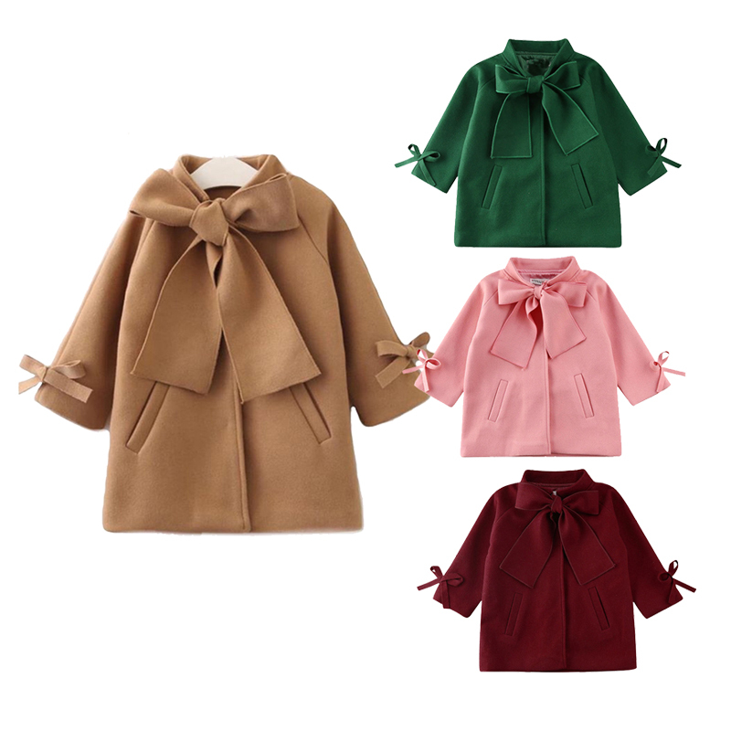 Comyson Wholesale Warm Wear Solid Midi Children's Girl Jacket Korean Essential Bow Elegant Kids Girls Long Sleeve Dust Coat