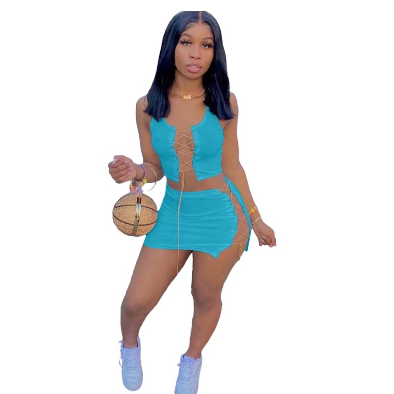 Women Vest Miniskirt Two Piece Summer Suit Solid Color Metal Chain Party Club Dress Casual Fashion Sets