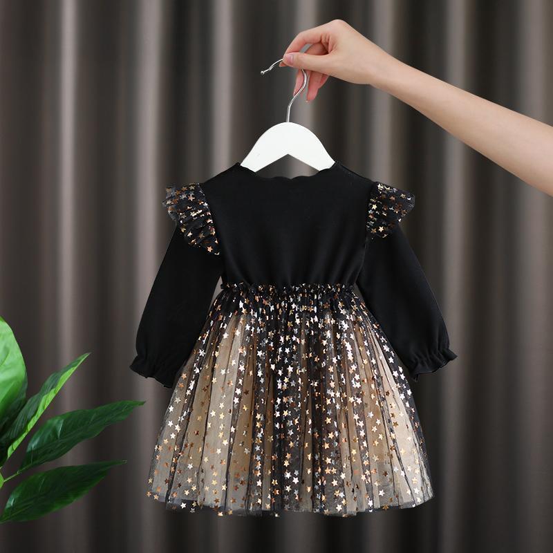 Fashionable New Puffy Net Yarn Baby Girls Birthday Wedding Party Kids Star Print Sequin Long Sleeve Girls Dresses