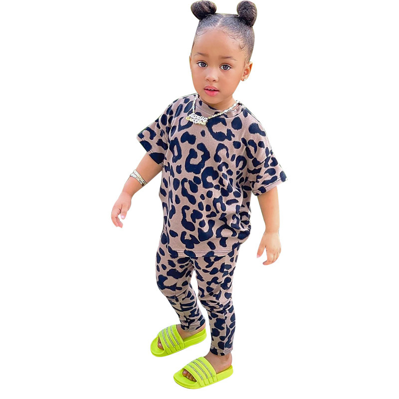 Conyson summer Kids Short Sleeve baby girls Top Long Leggings Stretch Leopard Printed Girls short sleeve suit