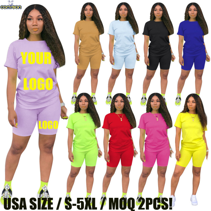 Conyson hot sale summer Custom logo Made Outdoor women pure color sport suit clothes two-piece adult t-shirt shorts clothing Set