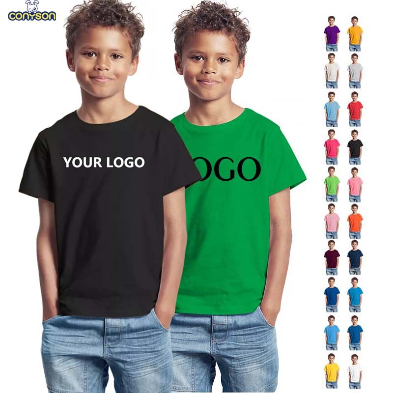 Conyson Custom Machine Printing Logo 100% Cotton Summer Short Sleeve Boys T Shirt Solid Breathable Boy's T-Shirts