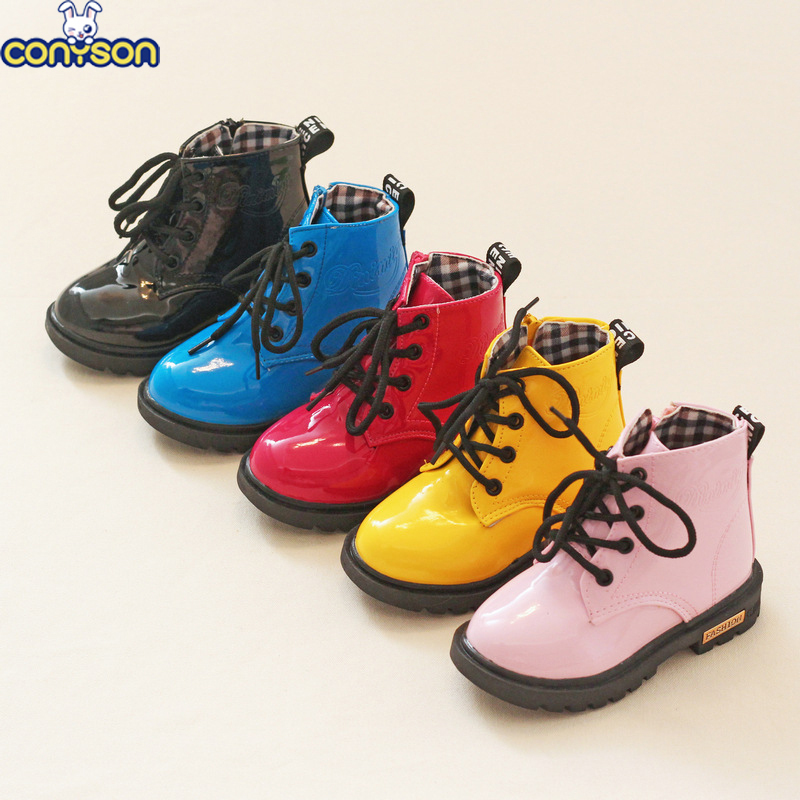 Conyson wholesale winter Korean design size 21-36 child PU Leather boot baby kid boy girl snow clothing Martin boots shoes