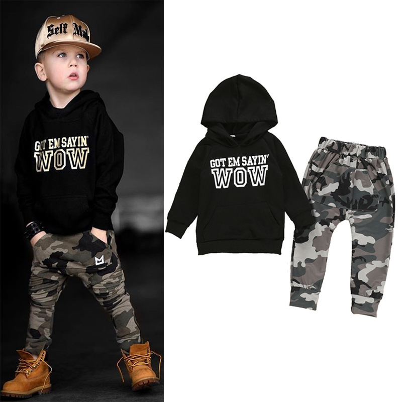 Long Sleeve Black Letters Childrens Onesie Mop Hooded Sweater Pants Two Piece Suit Boys Clothing Sets
