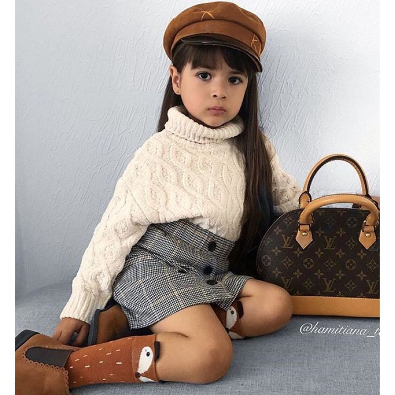 Fashion Fall Warm Winter Kids Baby Girls Turtleneck Knit Sweater Tops Plaid Print Mini Skirt Outfit Set