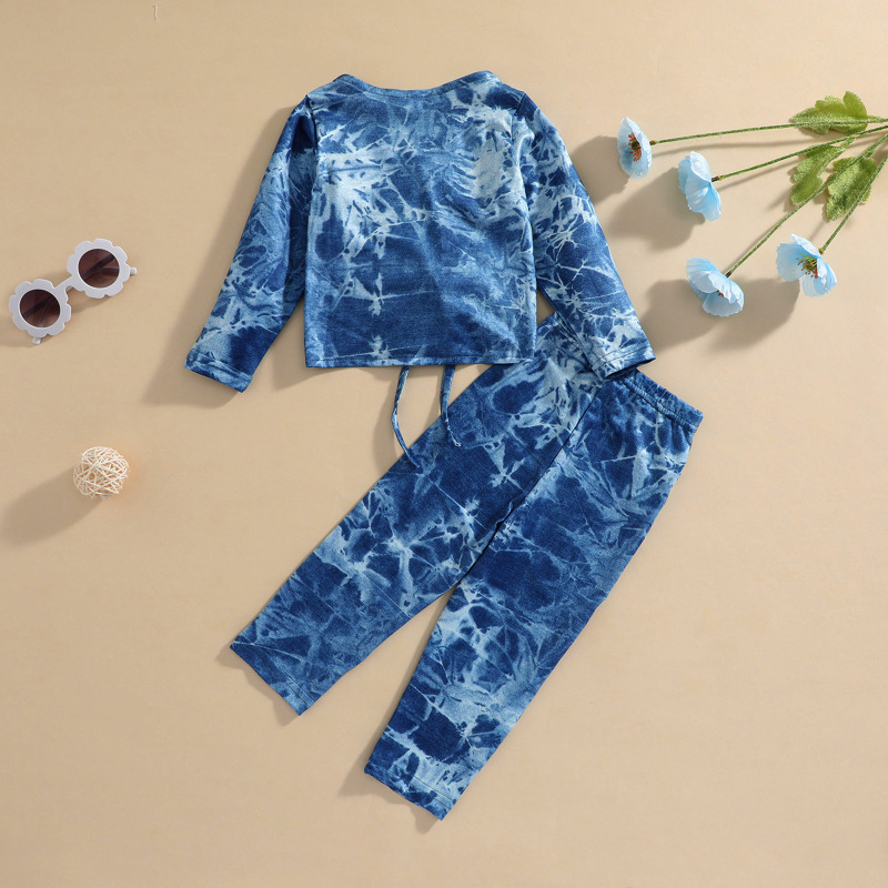 Conyson 1-6Y Summer Fashion Kids Girls 2pcs Clothes Sets Tie-Dye Printed Long Sleeve Bandage T Shirts+Pants Clothing
