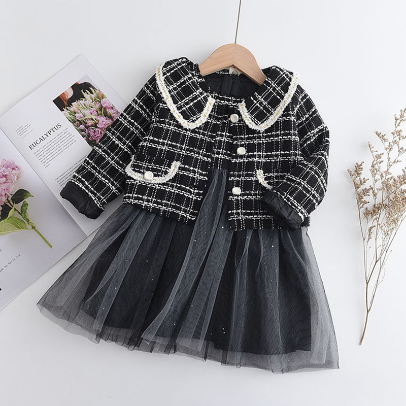 Conyson Wholesale Winter Children's Girls Clothes Sets Plaid Jacket Princess Vest Mesh Tutu Dress 2 Piece Little Girl Outfits