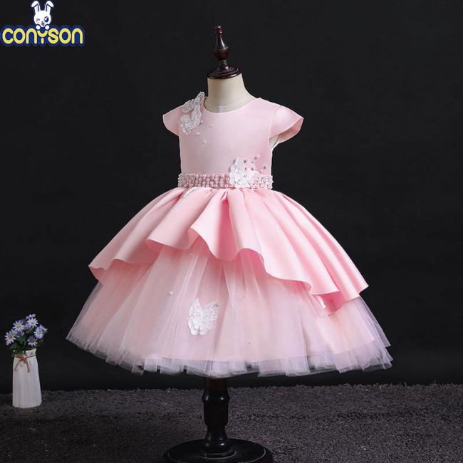 Conyson Infant Baptism 1st Birthday Party Wedding With Headband 2 Piece Tutu Pearls 3D Butterfly Layers Baby Girl Princess Dress