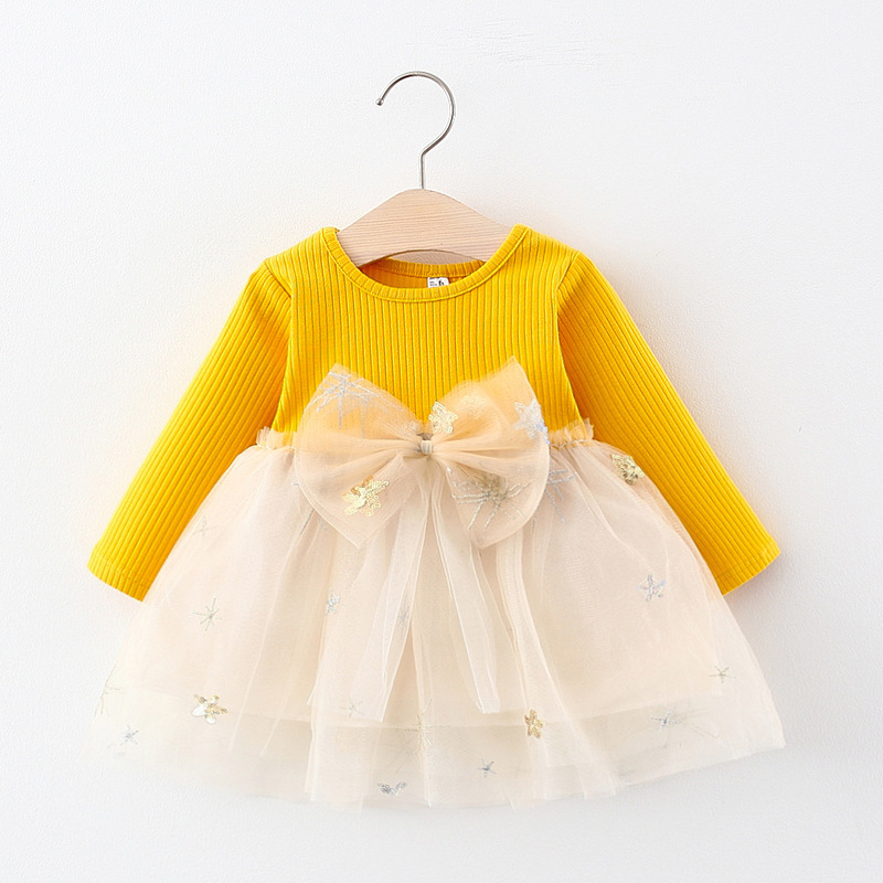 Long Sleeve Star Bow Dress Children Mesh Patchwork Baby Girl Princess Dress With Bowknot Solid Fashion Style Casual Dress